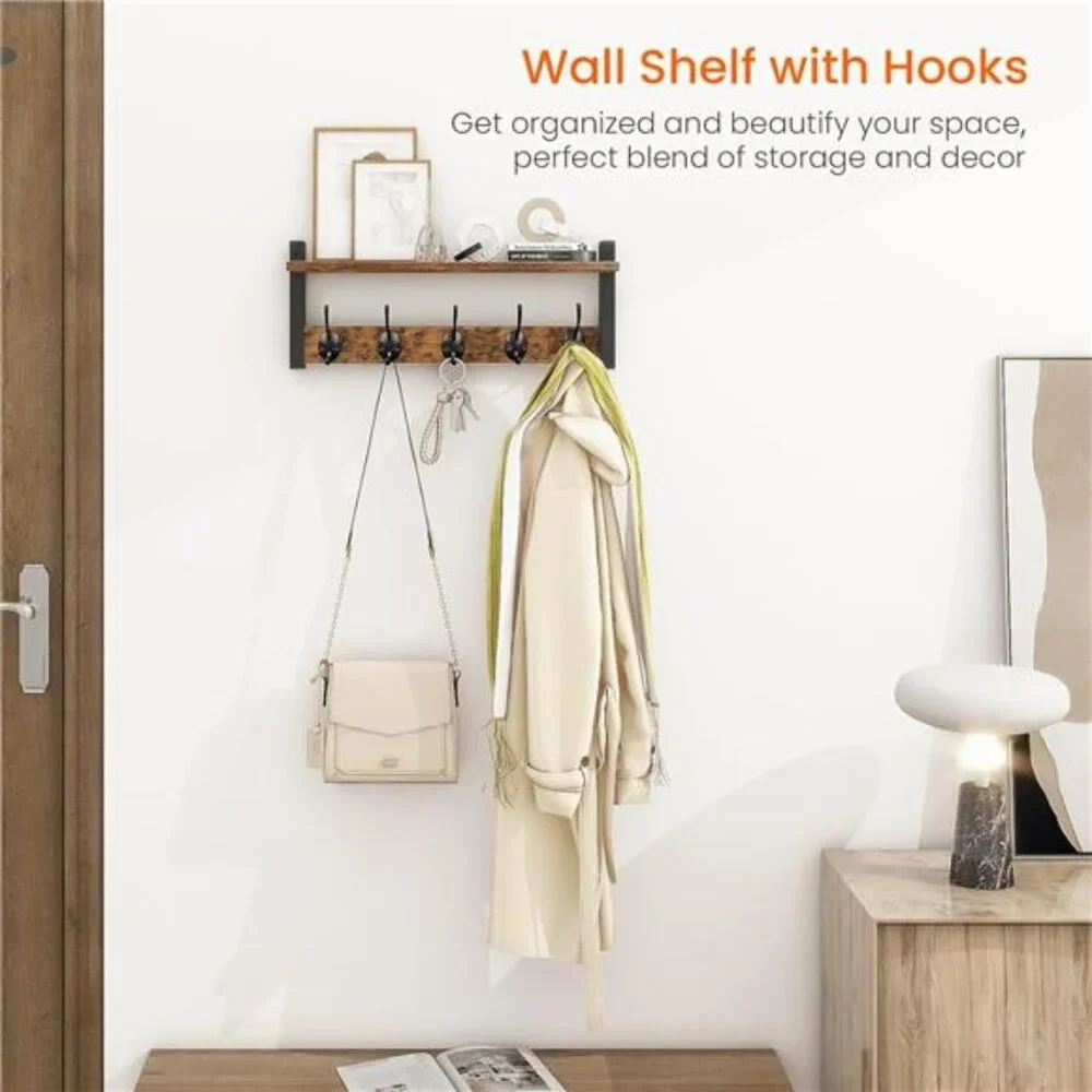Wall Hooks with Shelf, Wood Coat Rack with Shelf Wall-Mounted, Entryway Hanging